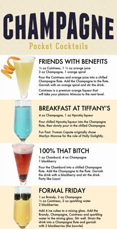 a poster with different types of drinks on it's sides and the words champagne pocket cocktail