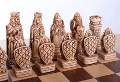 House of Hauteville Chess Set and Board Combo - Antique White and Brown Marble - Chess Set - Chess-House White And Brown Marble, Diy Chess Set, Battle Chess, Medieval Chess Set, Medieval Chess, Knight Chess, Wood Chess Board, Chess Gifts, Chess Table