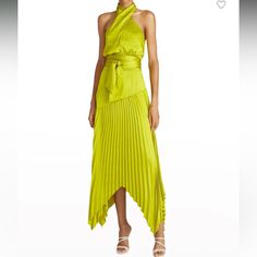 Dixon Halter Pleated Charmeuse Dress Worn By Bachelorette Rachel Recchia New With Original Tags Still Attached Citrine Green Color Size 10 Cross Halter Neck Satin Material Button Closure On Neck Zipper Closure On Body Extra Button Attached If Needed Belt Attached To Dress And Can Be Tied Any Way Desired Elegant Yellow Pleated Maxi Dress, Yellow Pleated Dress For Cocktail, Yellow Pleated Dress For Cocktail Occasions, Fitted Yellow Pleated Midi Dress, Yellow Sleeveless Maxi Dress For Formal Events, Yellow Sleeveless Maxi Dress For Formal Occasions, Sleeveless Yellow Maxi Dress For Formal Occasions, Yellow Halter Neck Dress For Date Night, Elegant Yellow Halter Neck Dress