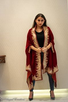 Complement your outfit with this Royal Velvet Cape. This is a very easy to style cape and it can be paired with any top, blouse, dress, or any other thing, no doubt you'll stand out from the crowd.Product DetailsCondition Brand New Velvet Cape with Golden & Silver Kashmiri Zari Embroidery.Colour: RedSize: 82" X 35" (208.28 cms X 88.9 cms) approx.If you want a bigger or smaller size (dimensions), we can make it for you on order, just drop us a message.Care Instructions- Dry Clean Only.✿Subscr Velvet Shawl Indian, Festive Velvet Dupatta Shawl, Luxury Red Shawl With Resham Embroidery, Traditional Red Embroidered Shawl, Luxury Traditional Velvet Shawl, Tilla Embroidery, Womens Black Coat, Velvet Cape, Velvet Shawl