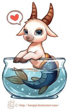 a goat sitting on top of a fish bowl with a thought bubble above it's head