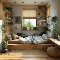 a bedroom with wooden flooring and shelves filled with books, plants, and pillows