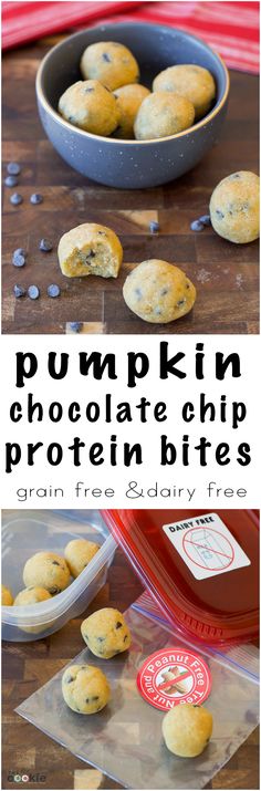 pumpkin chocolate chip protein bites in a bowl and on top of a table with plastic wrappers