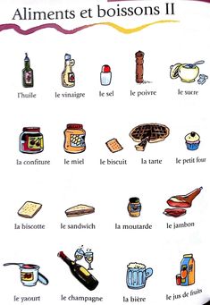 the french poster shows different types of food and drinks on it's white background