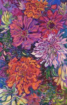 an oil painting of colorful flowers on a purple background