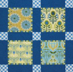 four squares with blue and yellow flowers in them on a checkered tablecloth background