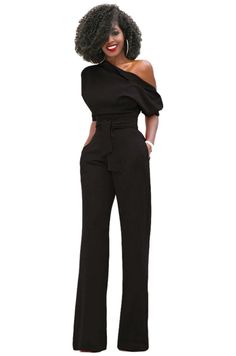 This beautiful long jumpsuit features an off one shoulder sleeve with a mid tie belt. Off one shoulder.;  Shoulder buttons.;  Floor length.;  Available in 6 colors.;  Imported.; Ankara Jumpsuit, Waist Belt Women, Wedding Guest Attire, Woman Suit, Striped Two Piece, Pocket Jumpsuit, Polka Dot Jumpsuit, Stylish Jumpsuit