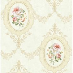 an ornate wallpaper with white and purple flowers