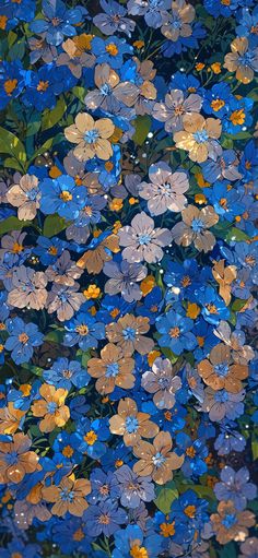 blue and yellow flowers with green leaves in the background