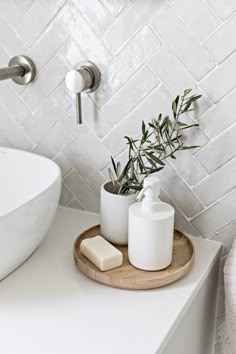 a bathroom sink with soap and an olive branch