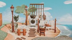 a painting of a beach scene with an old washing machine and other items on the ground