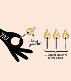 a hand holding a lit candle with the words you being yourself on it and flames coming out