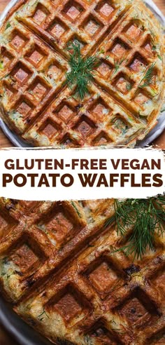 gluten - free vegan potato waffles with fresh herbs on top