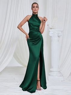 Sleeveless Halterneck Dress With Stand-Up Collar And Straps Perfect For Cocktail Parties Or Evening Events Dark Green Elegant  Sleeveless Satin Plain Fitted Slight Stretch  Weddings & Events, size features are:Bust: ,Length: ,Sleeve Length: Formal Dresses Halter Neck, Runway Gowns, Drape Maxi Dress, Semi Formal Dress, Split Maxi Dress, Womens Cocktail Dresses, Stunning Gowns, Satin Gown, Maxi Dress Green