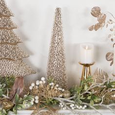 Gold and clear beaded cone tree tabletop decor. Embellished with small faux pearls. Gold glittered background Gold Glitter Christmas, Christmas Cones, Gold Glitter Background, Cone Trees, Cone Christmas Trees, Traditional Christmas Decorations, City Market, Tabletop Decor, Glitter Background