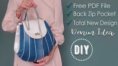 a woman holding a blue and white purse with the words free pdf file back zip pocket total new design