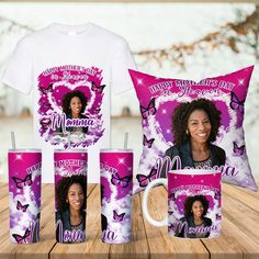 a woman's birthday gift set with mugs and t - shirt on a table