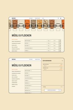 the menu for musl & flocken is shown in two different colors and sizes