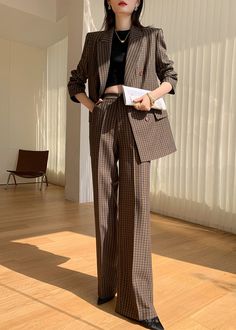 Vivian Seven Women Court Outfit, Brown Corporate Outfit, Chocolate Brown Monochromatic Outfit, Brown Wide Leg Business Pants, Brown Formal Outfit, Blazer Set Outfits For Women, Brown Set Outfit, Brown Plaid Wide Leg Pants Outfit, Brown Wide-leg Office Pants