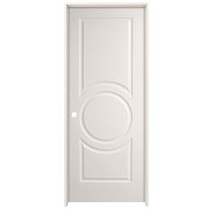 a white door with a circular design on the front and side panel, against a white background