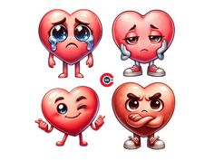 four heart shaped emoticions with different expressions on their faces and hands, one crying