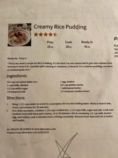 the menu for creamy rice pudding