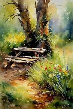 a painting of a bench under a tree in the grass and flowers near by it