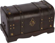 a wooden chest with brass rivets on the front and sides, is shown