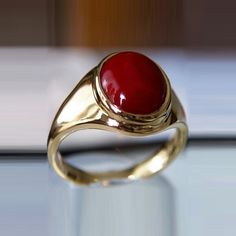 Coral Ring For Men, Coral Rings, Stone Ring Design, Red Coral Ring, Gold Necklace For Men, Mens Ring Designs, Gold Finger Rings, Gold Jewelry Simple Necklace