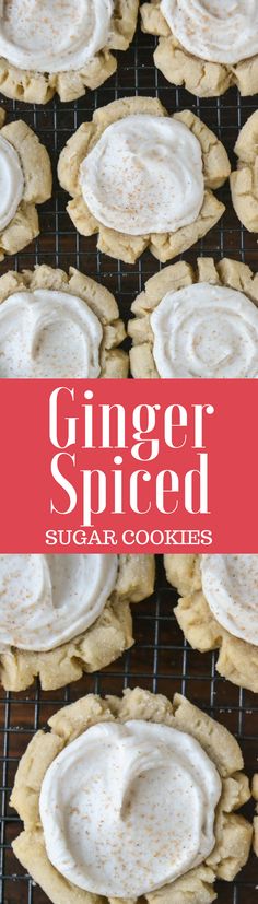 ginger spiced sugar cookies on a cooling rack with text overlay that reads, ginger spiced sugar cookies