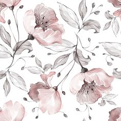 watercolor pink flowers and leaves on a white background