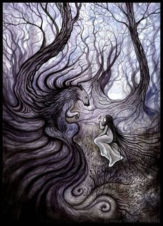 a woman is walking through the woods with her hair blowing in the wind and trees behind her