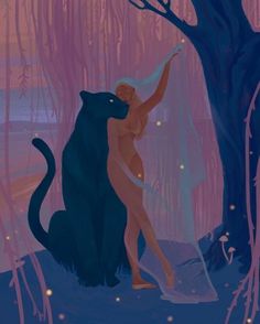 a woman standing next to a black cat in a forest with trees and fireflies