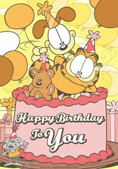 garfield the cat and friends on top of a birthday cake with balloons in the background