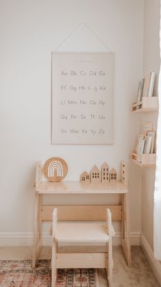 A small wooden kids desk and kids desk chair set up as a kids desk area in a bedroom. Desk Ideas For Kids, Kids Desk Area In Bedroom, Desk Area In Bedroom, Kids Wooden Desk, Kids Desk Space, At Home Desk, Wooden School Desk, Kids Desk Area, Wfh Desk