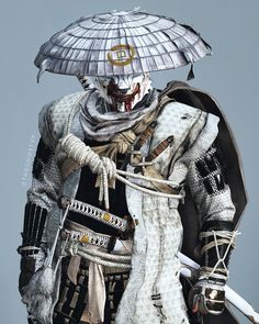 a man dressed in armor and holding an umbrella