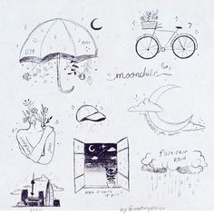 some drawings are drawn on paper and have words written in the middle, including an umbrella