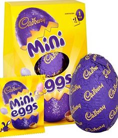 cadbury's mini eggs are shown in front of an egg box and bag