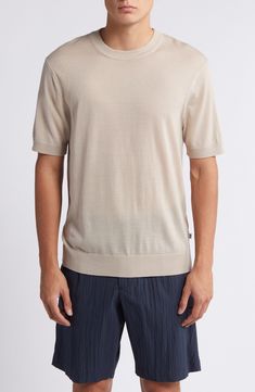 Lightweight and comfortable, this sweater knit with soft wool features short sleeves and makes a great choice for layering or wearing alone on warm days. 27" length (size Medium) Crewneck Short sleeves Ribbed cuffs and hem 50% wool, 50% acrylic Machine wash, line dry Imported Cream Fine Knit Crew Neck Top, Knit Short Sleeve T-shirt For Work, Fine Knit Short Sleeve T-shirt For Fall, Classic Short Sleeve Cotton Sweater, Classic Merino Wool Tops With Ribbed Neckline, Classic Merino Wool Top With Ribbed Neckline, Fine Knit Short Sleeve T-shirt, Classic Short Sleeve Knit Top, Classic Fine Knit Cream Tops