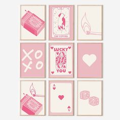 six pink and white cards with different designs on them