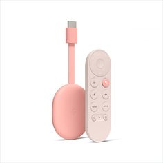 a pink remote control next to an apple tv controller with a cable attached in front of it