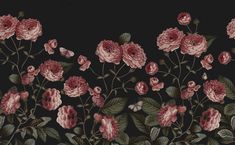 a painting of pink flowers and leaves on a black background