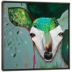 a painting of a deer with green leaves on it's head