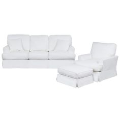 a white couch and footstool sitting next to each other on a white background