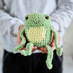 a person holding a stuffed frog in their hands