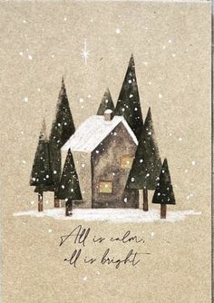 a christmas card with a house in the snow and trees on it's side