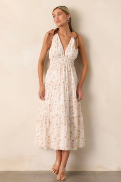 Discover a beautiful floral midi dress with a flattering plunge neckline in our For Good Ivory Floral Plunge Neck Midi. Perfect for any occasion, this ivory dress will make you feel confident and stylish. This dress features a plunge neck detail, a smocked waistband and two tie straps for the shoulders. Plunge Neck Midi Dress, Sorority Rush Dresses, Halter Bridesmaid Dress, Rush Dresses, Ivory Dress, Crop Top Dress, Dress Bra, Ivory Dresses, Plunge Neckline