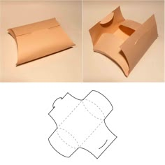 an open cardboard box is shown with the cut out pattern on top and bottom side