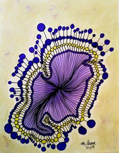 a painting of a purple flower with blue dots on the bottom and yellow circles around it