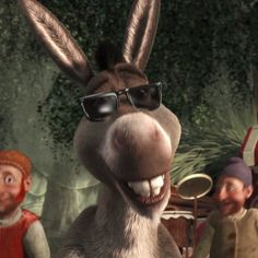 an animated donkey with sunglasses on it's face and other characters in the background